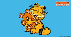 a cartoon cat hugging a teddy bear on top of it's back with its eyes closed