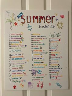 a summer bucket list hanging on a door with the words summer written in it and colorful doodles