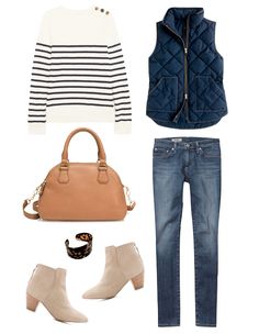 J.Crew striped sweater // J.Crew quilted vest (obsessed!) // AG skinny jeans J.Crew leather bag // Design Darling tortoisesehell cuff // Marais ankle booties Fall Prep, Outfit Planning, Design Darling, Fall Stripes, Fall Neutrals, Fall Layering, Outfit Plan, Quilted Vest