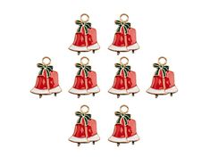 six red bells with bows on them are shown in the shape of christmas belles