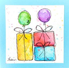 a watercolor drawing of two wrapped presents with balloons on top and the words happy birthday written below