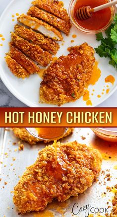 the chicken is being drizzled with honey on it's side and then fried