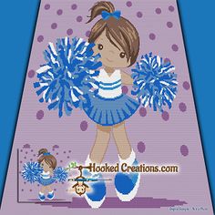 a cross stitch pattern of a girl with blue cheerleader pom poms