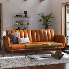 a living room with a couch, coffee table and potted plant in the corner