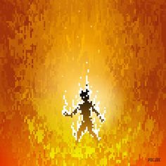 a pixellated image of a person standing in front of an orange and yellow background