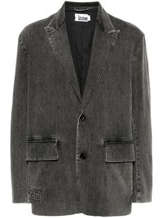 anthracite grey cotton blend denim peak lapels front button fastening drop shoulder buttoned cuffs two front flap pockets straight hem Denim Blazer, Grey Blazer, Mens Outerwear, Grey Cotton, Flap Pocket, Outerwear Jackets, Drop Shoulder, Polyester Spandex, Denim Jacket