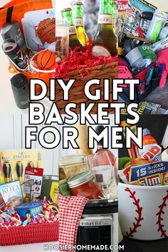 the words diy gift baskets for men are overlaid with images of sports items