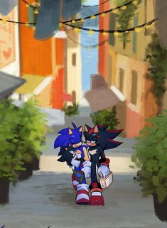 an animated image of two sonic characters walking down a street with buildings in the background