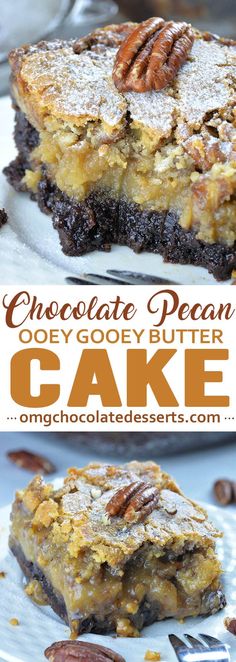 chocolate pecan ooey butter cake on a plate with the title above it