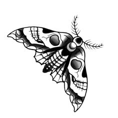 a black and white drawing of a butterfly with skulls on it's back legs