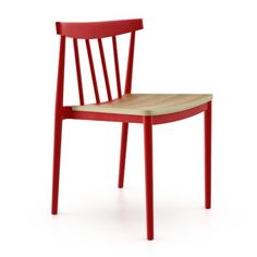 a red chair with a wooden seat on a white background