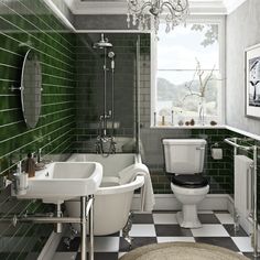 a bathroom with black and white checkered flooring, green tiles on the walls