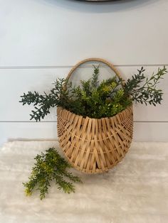 a wicker basket with greenery in it on a white rug next to a mirror