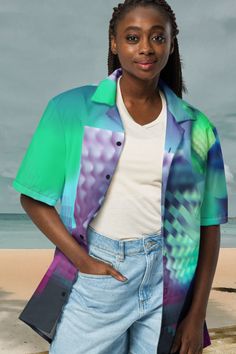 Abstract Gradient Teal Button Down Shirt DJ Techno EDM Shirt Button up Futuristic Streetwear Cyber Clothes - Etsy Slovakia Modern Blue Summer Blouse, Modern Blue Blouse For Summer, Trendy Green Shirt With Buttons, Modern Blue Button-up Shirt, Modern Blue Button-up Blouse, Futuristic Streetwear, Vibrant Print Button-up Top For Beach, Dj Techno, Green Tropical Print Button-up Shirt