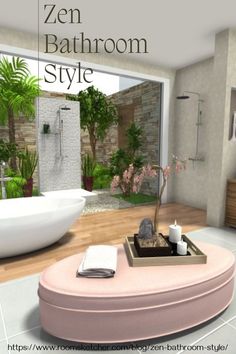 an image of a bathroom setting with bathtub and sink in the background, text overlay reads'zen bathroom style '