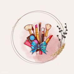 an illustration of makeup brushes in a glass bowl