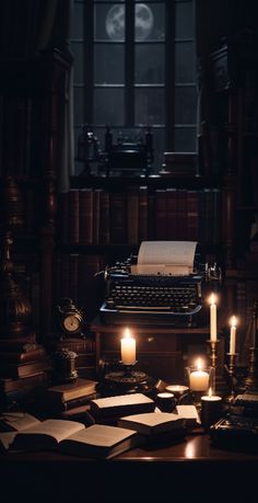 an old fashioned typewriter sitting on top of a wooden table next to candles and books