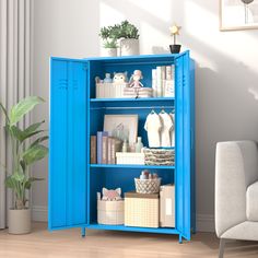 a blue bookcase in the corner of a room