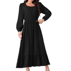 This dress features a square neck, long sleeves, tiered design, crochet insert detail, and two pockets, making it a versatile addition to your wardrobe. The casual A-line maxi dress is made from 100% Rayon, ensuring a soft and comfortable feel all day long. Whether you're attending a wedding, a beach party, or a casual family gathering, this dress is ideal for various occasions. Pair it with high heels, a handbag, or other accessories to create trendy looks. The elegant ruffled design and hollow Maxi Dress With Pockets, Design Crochet, A Line Maxi Dress, Midi Slip Dress, Mini Slip Dress, Women Maxi, Maxi Dresses Casual, Boho Women, Maxi Dress With Sleeves