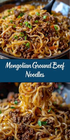 two pictures of noodles with ground beef and green onions