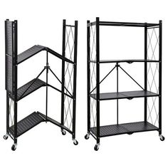 two black metal shelves with wheels on each side