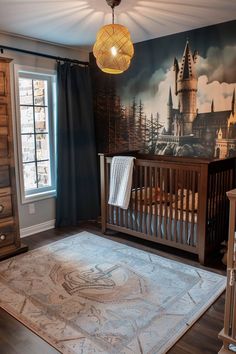 a baby's room with a large painting on the wall and a crib