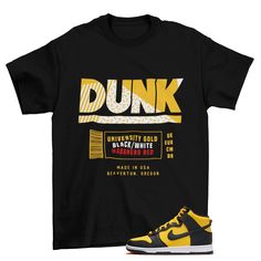 Box Label Dunk High Reverse Goldenrod Sneaker Matching Tee Shirt  The unisex heavy cotton tee is the basic staple of any wardrobe. It is the foundation upon which casual fashion grows. All it needs is a personalized design to elevate things to profitability. The specially spun fibers provide a smooth surface for premium printing vividity and sharpness. No side seams mean there are no itchy interruptions under the arms. The shoulders have tape for improved durability.\n.: 100% cotton (fiber content may vary for different colors)\n.: Medium fabric (5.3 oz/yd² (180 g/mn.: Classic fit\n.: Tear-away label\n.: Runs true to size Our custom designs are printed on Gildan t-shirts/sweatshirts. This is a custom item. We do not start production on this item until you make your purchase. *Please messag Sporty Branding Streetwear Shirt, Sporty Branded Streetwear Shirt, Sporty Streetwear Shirt With Branding, Fan Apparel Letter Print Shirt For Streetwear, Yellow Fan Apparel Tops For Streetwear, Fan Apparel T-shirt For Streetwear With Branding, Unique Sneakers, Dunk High, Matching Tees