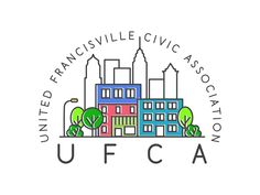 the ufca logo with buildings and trees in front of it on a white background