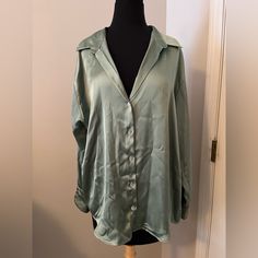 Never Worn Zara Satin Button Down. Light Green. Xxl. Such A Cute Shirt To Dress Up Or Down. Pearl Like Buttons. Oversized Loungewear Blouse With Button Closure, Oversized Blouse For Loungewear With Button Closure, Oversized V-neck Blouse With Button Closure, Green Button-up Blouse For Night Out, V-neck Shirt With Button Closure For Night Out, Zara Green Blouse With Buttons, Chic Blouse With Buttons For Loungewear, Chic Blouse With Button Closure For Loungewear, Zara Long Sleeve Button Blouse