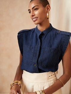 Indigo Utility Top | Banana Republic Cheap Indigo Chambray Tops, Cheap Indigo Denim Top For Women, Cheap Indigo Denim Top For Summer, Linen Tops Women Summer Outfits, Shoulder Epaulettes, Casual Summer Outfits For Women, Linen Top Women, Capsule Wardrobe Essentials, Functional Style