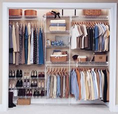 an organized closet with clothes and shoes