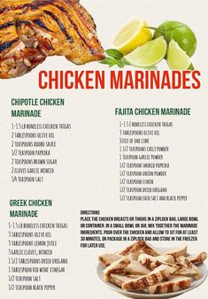 the menu for chicken marinades is shown here