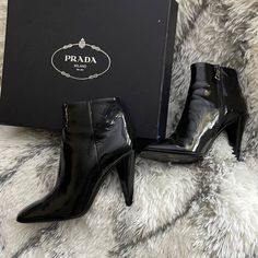 Beautiful Prada Patent Leather Booties. Size 37 Very Little Wear All Shown In Photo. Perfect Compliment To Any Wardrobe. Designer Formal Heeled Boots, Designer Patent Leather Fall Heels, Designer Fall Patent Leather Heels, Patent Leather Booties, Leather Booties, Patent Leather, Bootie Boots, Prada, Ankle Boot