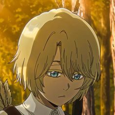 an anime character with blonde hair and blue eyes standing in front of trees, looking at the camera