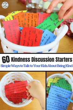 a collage of pictures showing different kinds of cards in a basket with the words 60 kindness discussion starter written on them