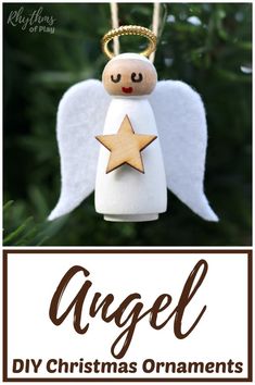 an angel ornament hanging from a christmas tree with the words angel diy christmas ornaments