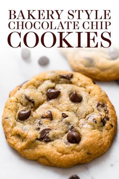 two chocolate chip cookies sitting on top of each other with the words bakery style chocolate chip cookies