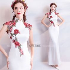 White Fitted Cheongsam For Party, Spring Wedding Sleeveless Cheongsam, Sleeveless Spring Wedding Cheongsam, Fitted Floral Embroidery Cheongsam For Summer, Fitted Summer Cheongsam With Floral Embroidery, Summer Fitted Floral Embroidery Cheongsam, Summer Floral Embroidered Fitted Cheongsam, Fitted Sleeveless Spring Cheongsam, White Fitted Short Sleeve Cheongsam