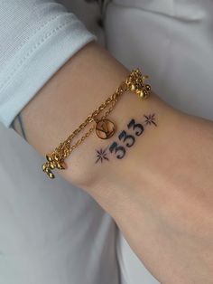 a woman's wrist with a tattoo on it that reads 350 and has an arrow