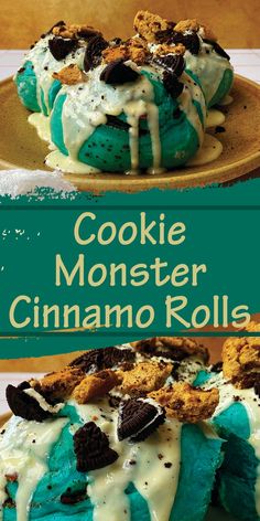 cookie monster cinnamon rolls on a plate with white icing and chocolate chips in the middle