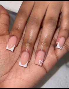 Nail Designs Short French Tips, French Tops With Design, Nails Plain Design, Nail Ideas With Initial Square, Brown Nails With White French Tip, Gel Nails French Tip Short, Normal Acrylic Nails, French Tip Nails With Heart Ring Finger, Nails For 12 Year Girl