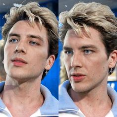 two images of a young man with blue eyes and blonde hair, one is looking at the camera