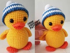 two pictures of a crocheted yellow duck wearing a blue and white hat