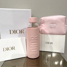 ~ Both Brand New With Original Packaging. About The Bottle: Gl@S$ Bottle, Silicone Sleeve Is Removable. Size Is Approximately 550 Ml Etched With Cd Logo At Bottom Of Bottle Says “Dior” On Both Sides Plastic Cap With Rubber Seal Insert *Care Instructions (Personal Opinion): Bottle Is Safe To Use In Dishwasher, But Should Probably Be Hand Washed. If Putting In The Dishwasher, Do Not Wash At A High Temp. Do Not Put The Silicone Sleeve Or Cap In The Dishwasher! About The Bag: Small Zippered Pouchett Luxury Fitness, Pink Water Bottle, Dior Pink, Pink Lifestyle, Fitness Accessories, Pink Water, Luxury Lifestyle Dreams, Plastic Caps, Zip Pouch