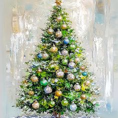 a painting of a christmas tree with ornaments on it