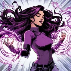 a woman with long hair standing in front of purple circles