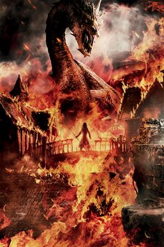 a poster for the movie godzilla rising above a city on fire and surrounded by flames