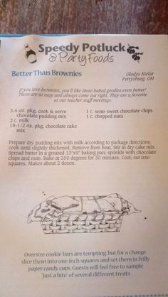 an instruction sheet for how to make a potluck from scratch - and - sniff brownies