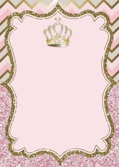 a pink and gold glitter frame with a crown on the top, in front of a chevron background