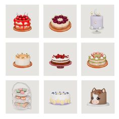 nine different types of cakes are shown in this illustration